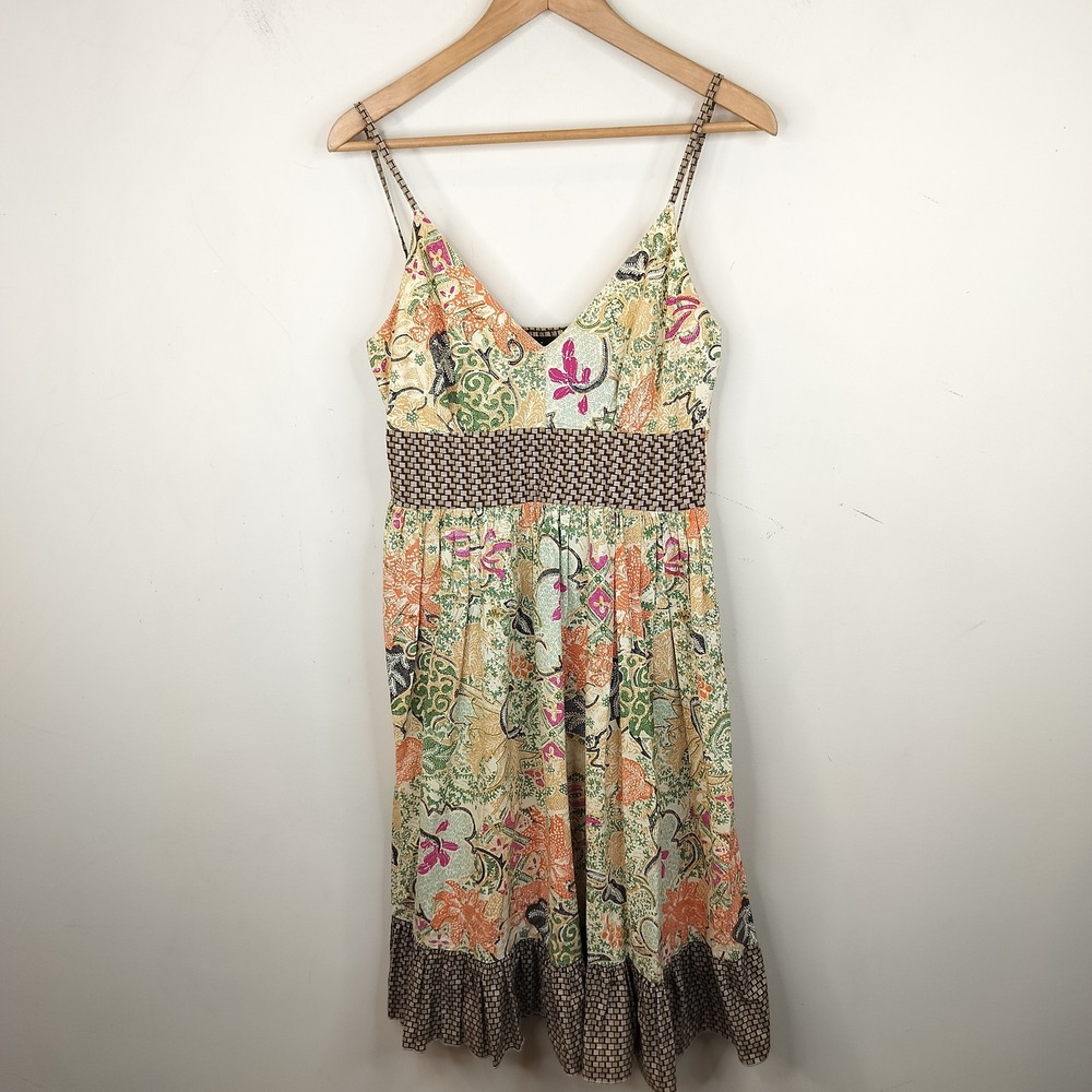 Cassee's Floral Cotton Sun Dress Small Smocked Ruffle Hem Boho Empire Waist